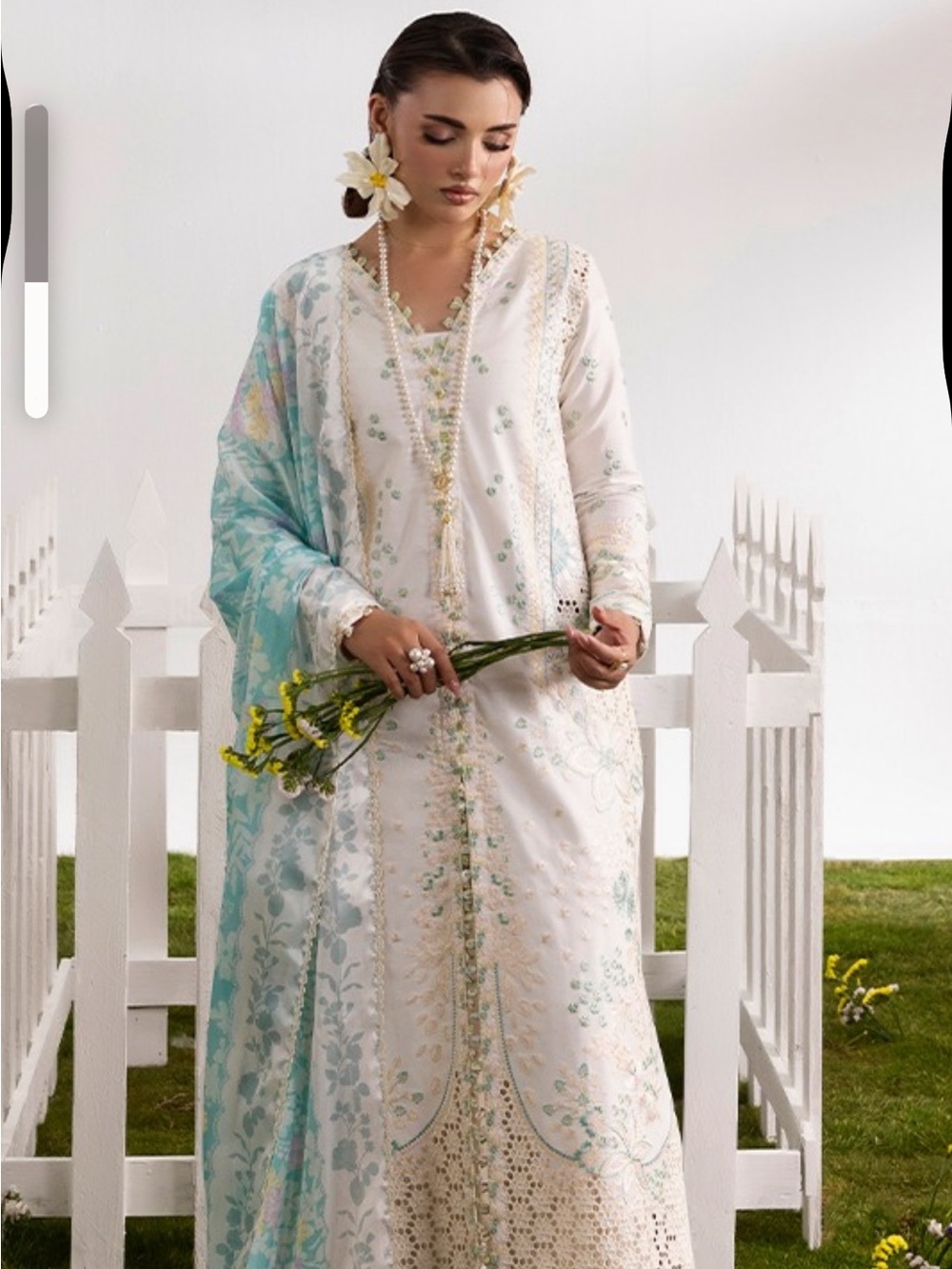 Pakistani Elegant White Embroidered Kurta Set with Pastel Blue Dupatta
